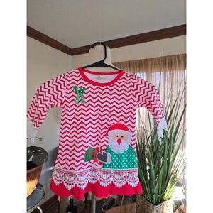KIDS TALES - Girls Christmas Santa Chevron Dress - Size 3T - Red White Lace Trim